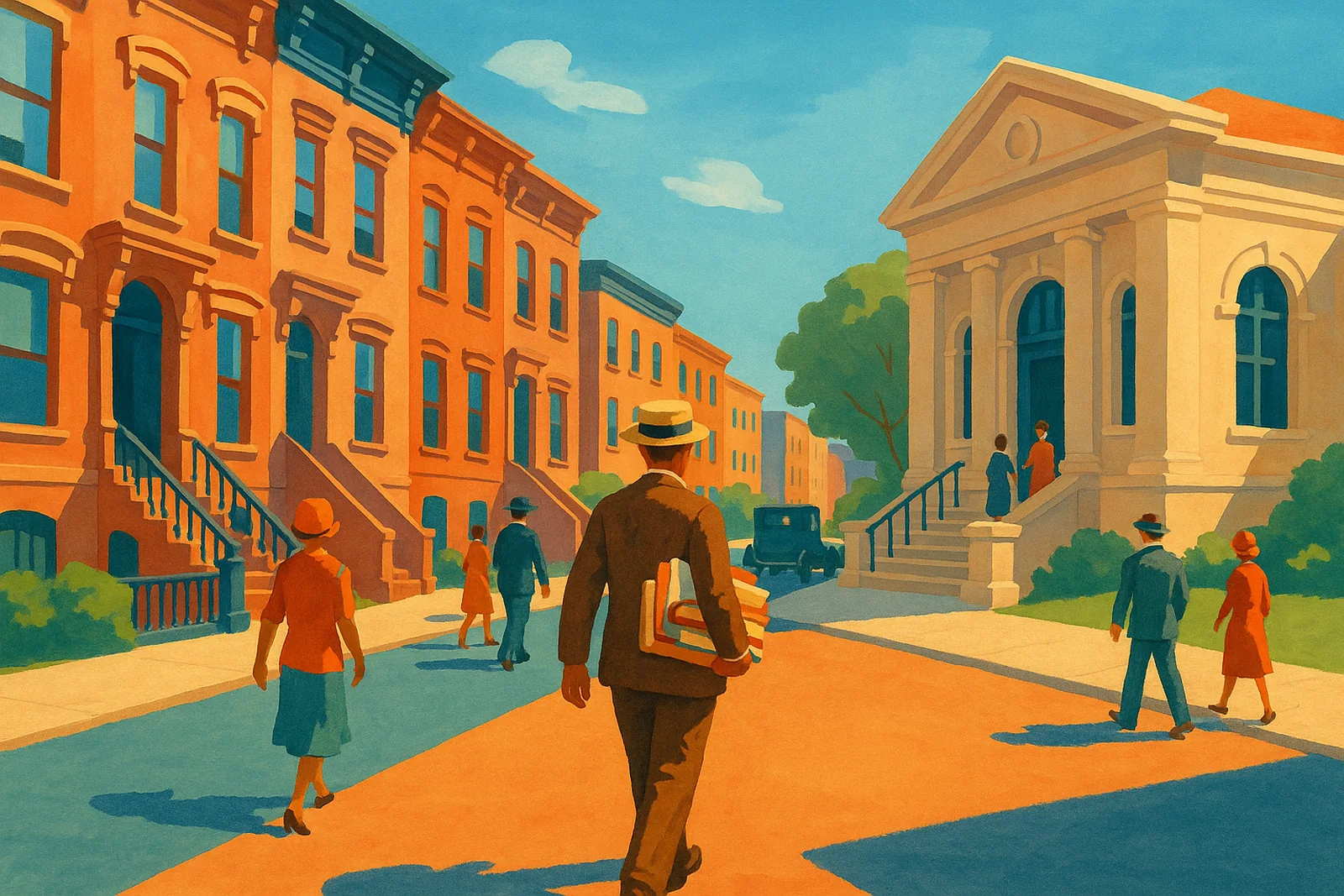 Poster illustration of a Harlem street and library in the 1920s