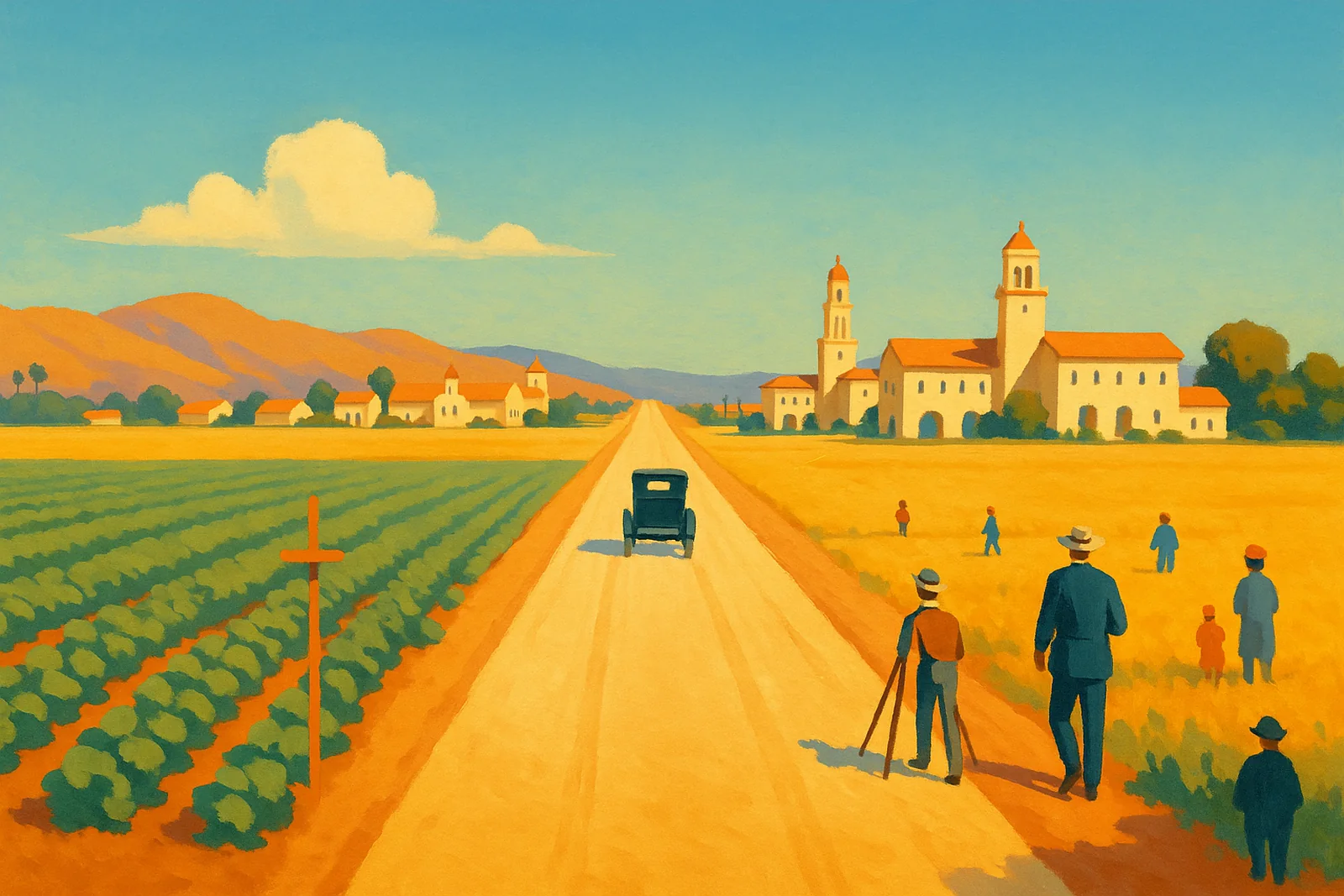Poster illustration of Wilshire Boulevard through bean fields in 1921