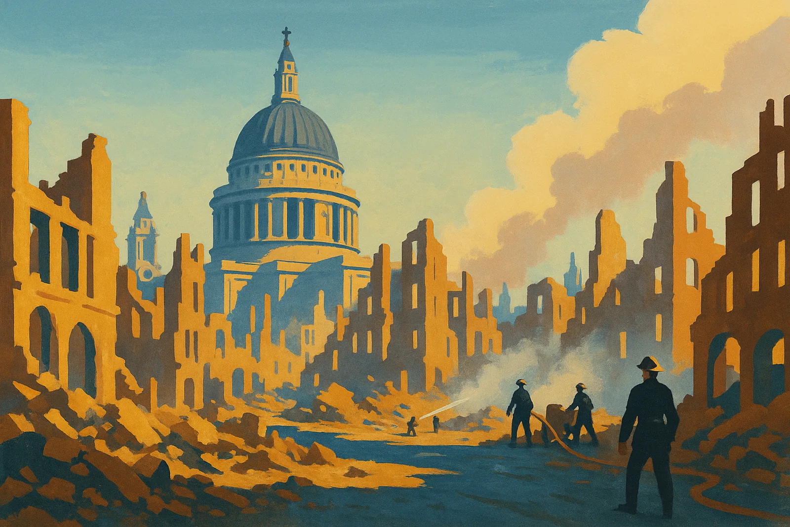 Poster illustration of St Paul's dome above the bombed City in December 1940