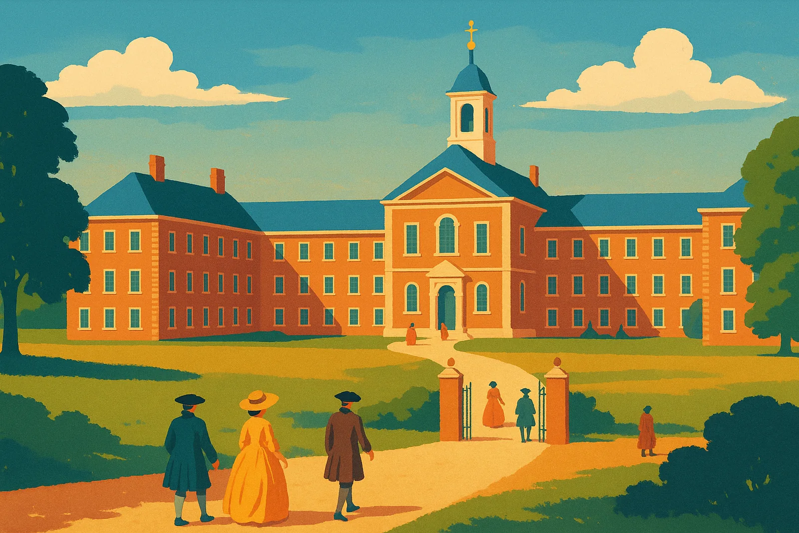 Poster illustration of the Foundling Hospital among open fields in the 1750s