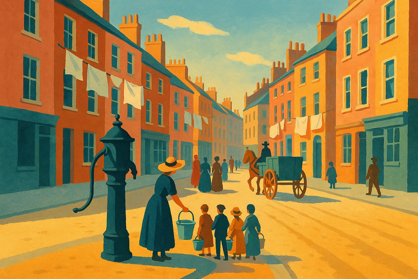 Poster illustration of Broad Street, Soho, in 1854 with its water pump