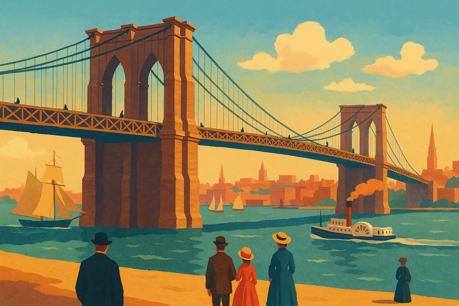 Poster illustration of the Brooklyn Bridge and the East River in 1883