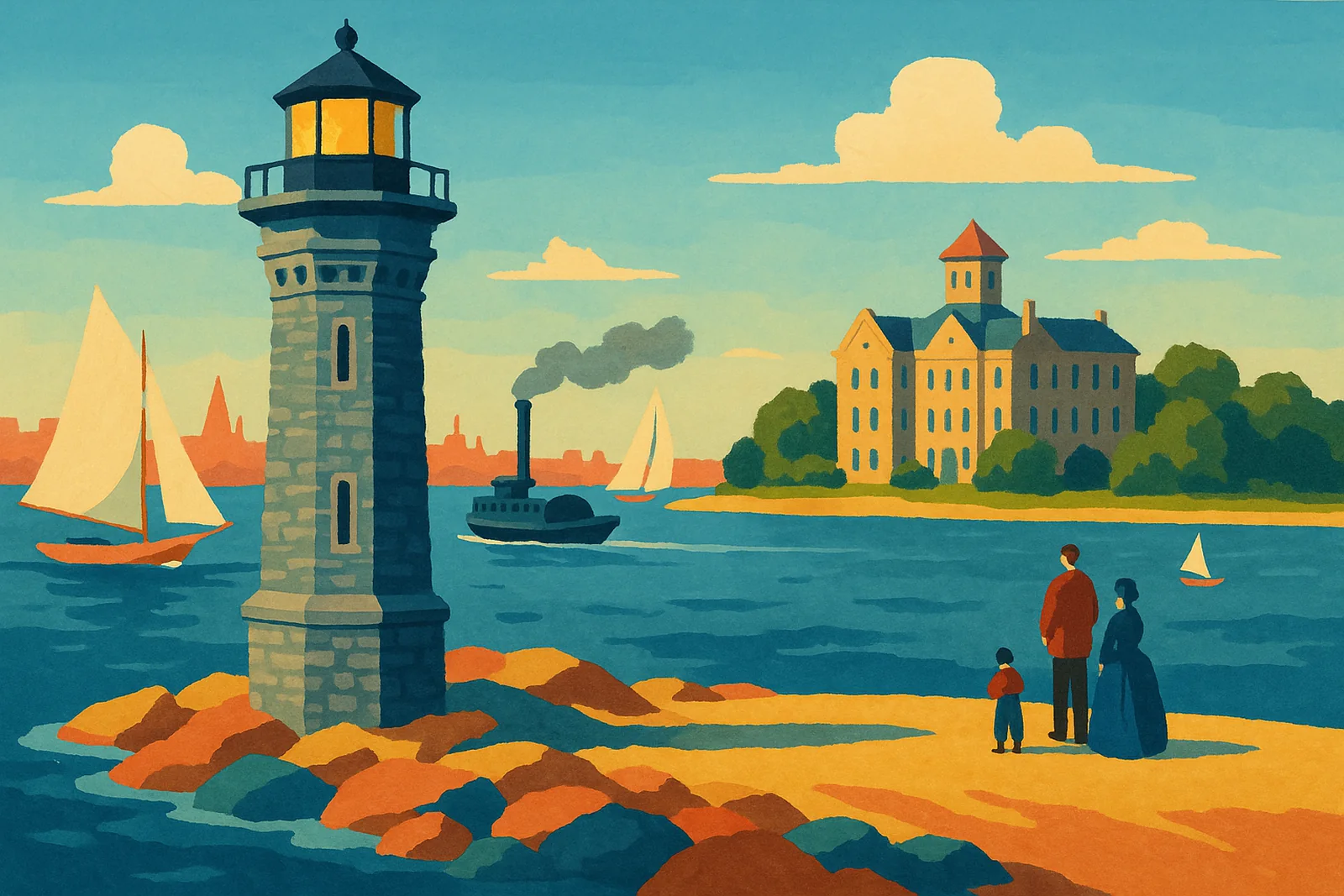 Poster illustration of the lighthouse on Blackwell's Island in the 1870s