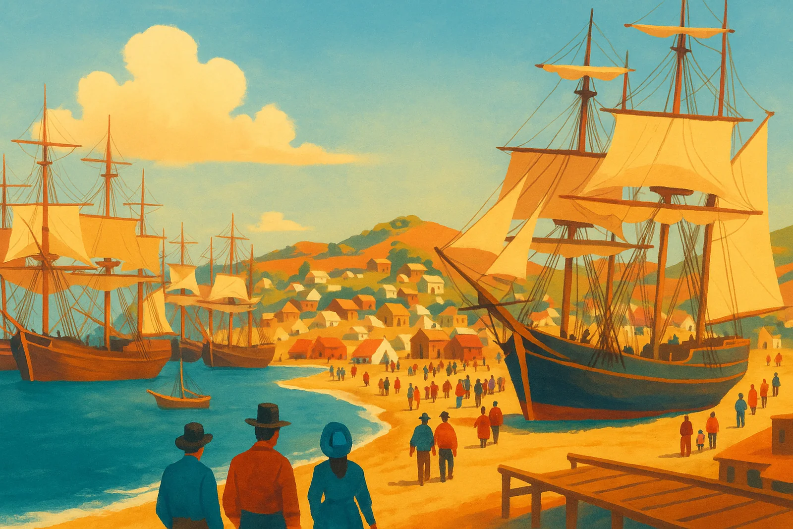 Poster illustration of abandoned ships crowding Yerba Buena Cove in 1849