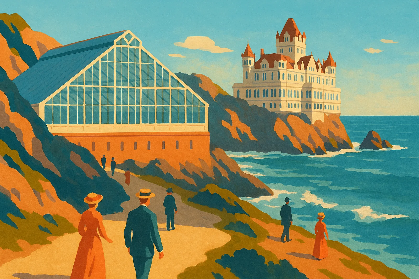 Poster illustration of Sutro Baths and the Cliff House around 1900