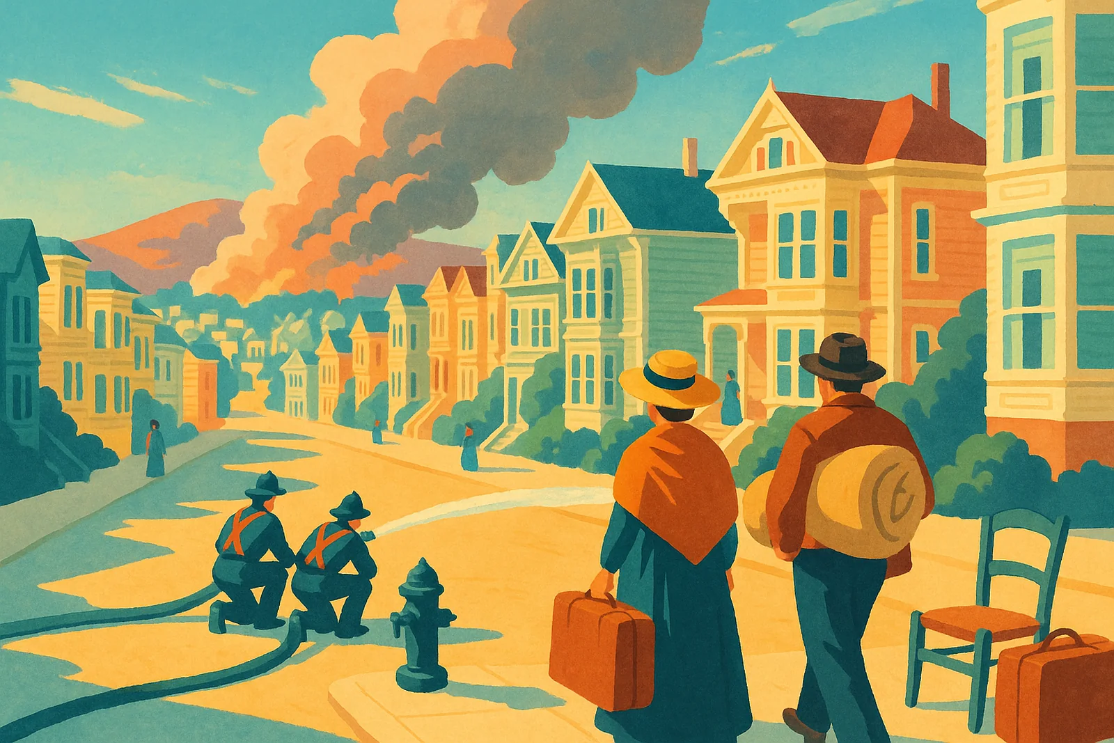 Poster illustration of firemen at a hydrant in the Mission District in 1906
