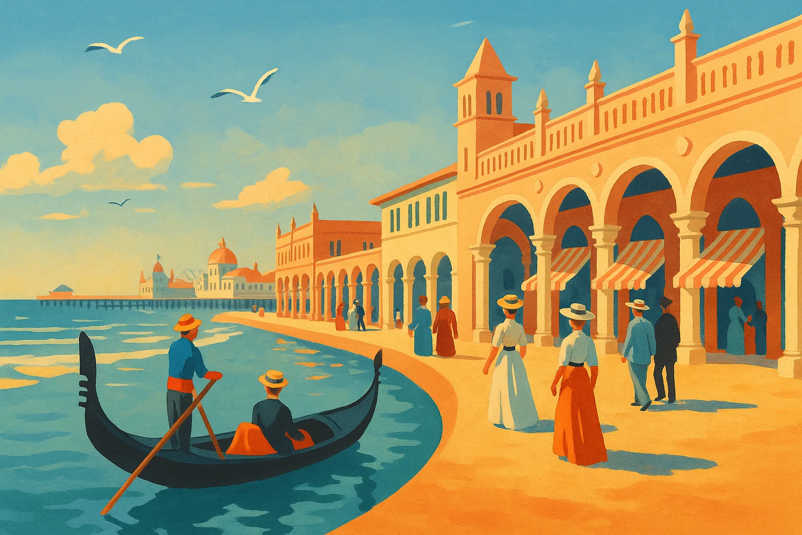 Poster illustration of the canals of Venice, California, around 1905